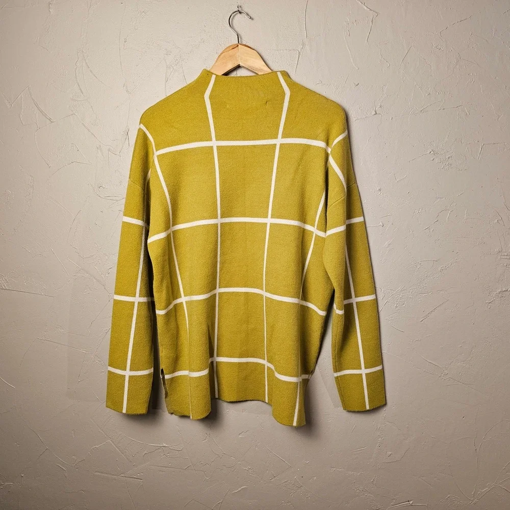 MAX STUDIO Women's Green / Mustard Yellow Grid Print Mock‎ Neck Sweater XL EUC